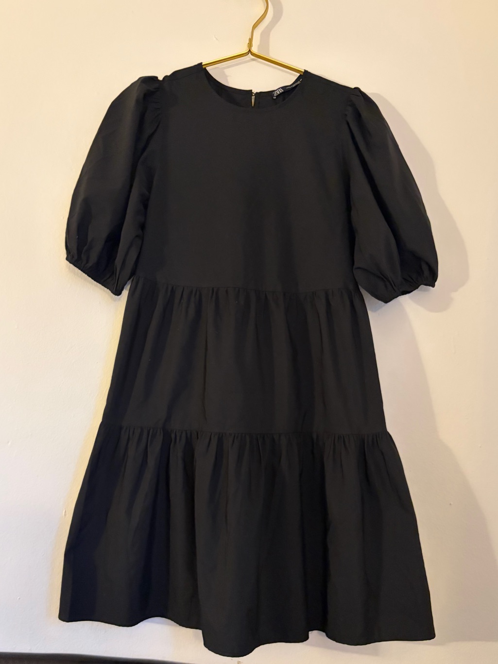 Zara Black Backless Tiered Puff-Sleeve Dress